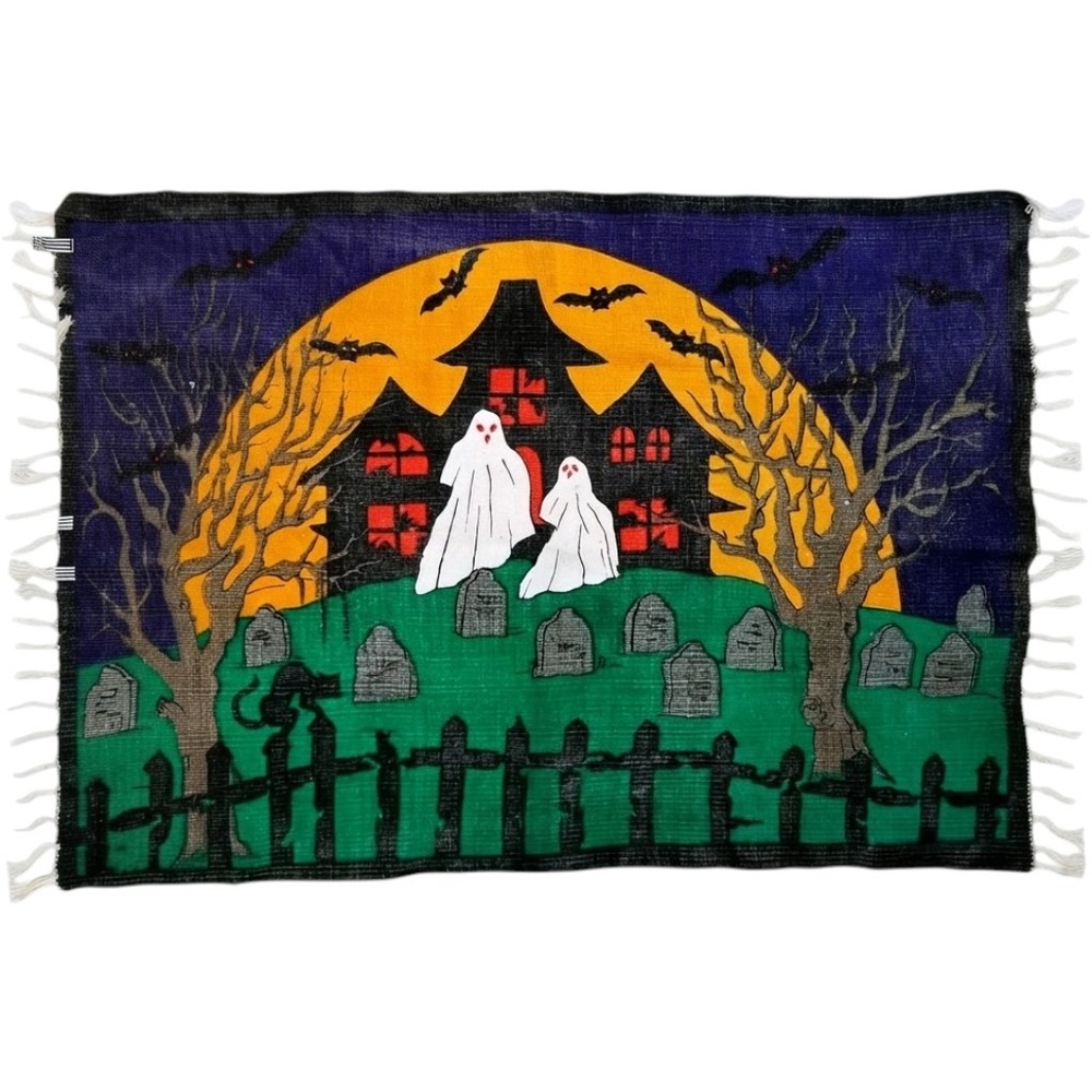 Vintage 1995 Hayim Company Haunted House Halloween Cotton Rug 30x48 Ghosts Bats